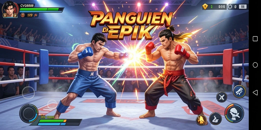 Tangkapan layar utama CVG8888 menampilkan pertarungan intens antara karakter di arena.