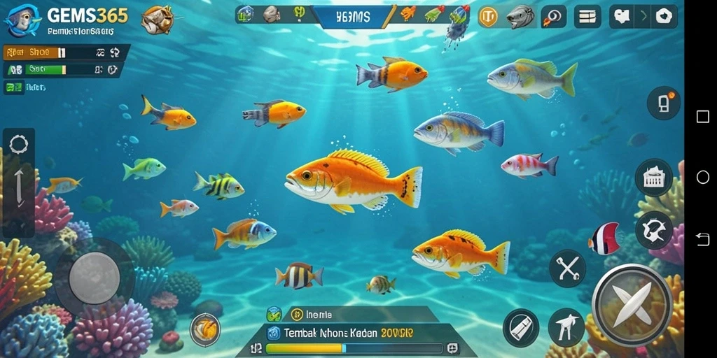 Tangkapan layar gameplay GEMS365 dengan aksi tembak ikan yang seru.
