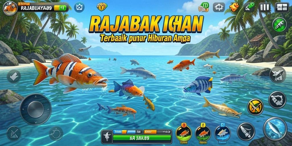 Tampilan gameplay seru dari RAJABUAYA89 dengan ikan beraneka ragam.