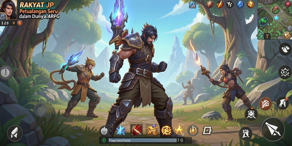 Gameplay dinamis RAKYATJP dengan pertarungan seru dan eksplorasi mendalam.