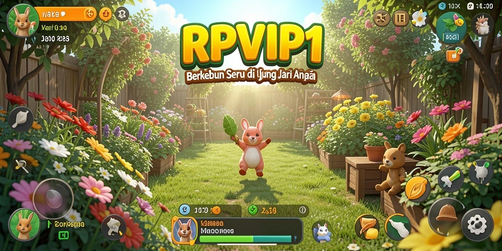 Screenshot gameplay RPVIP1 menampilkan kebun yang indah dan aktivitas bertani.