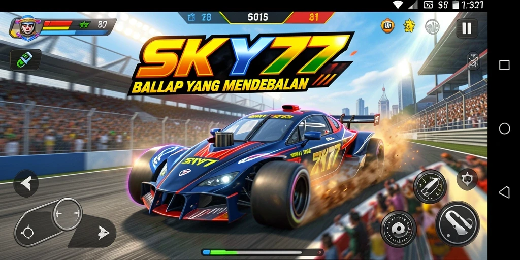 Tangkapan layar menampilkan aksi balapan yang menarik di SKY77.