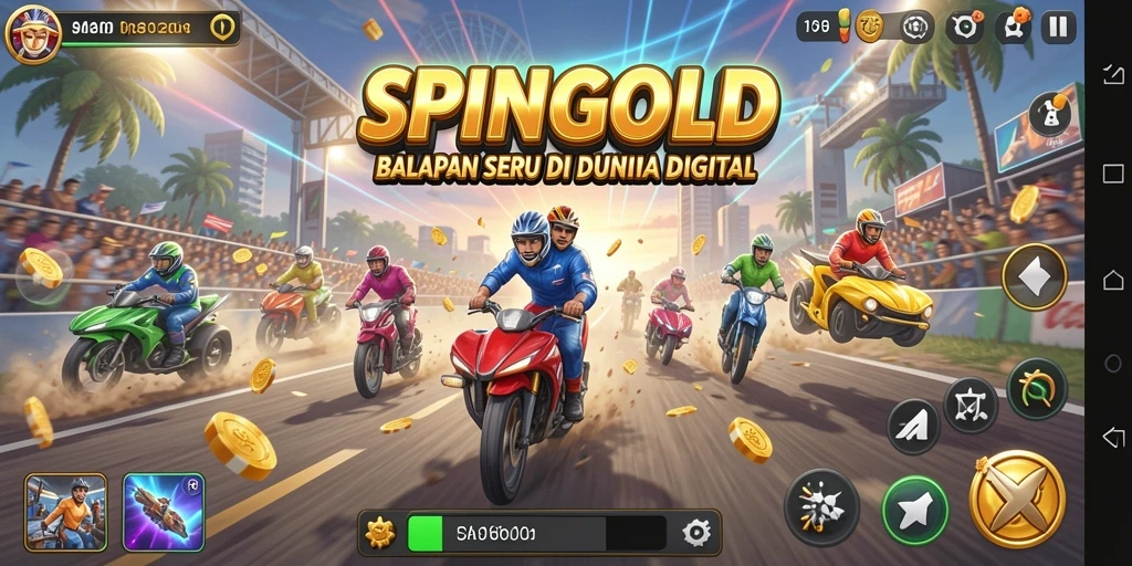 Tampilan gameplay SPINGOLD dengan mobil balap yang melaju kencang di trek.