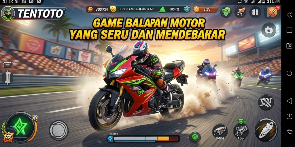 Screenshot TENTOTO menampilkan aksi balapan motor yang mendebarkan.